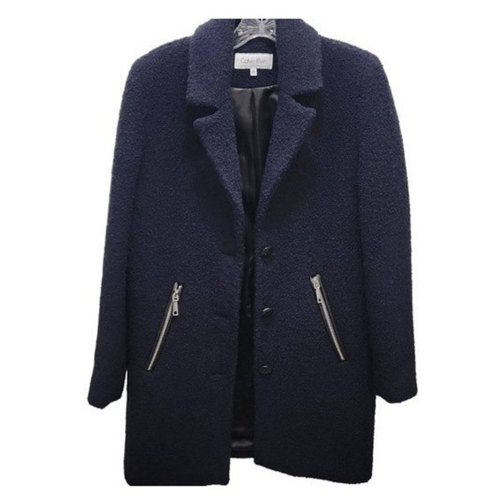 Calvin Klein Navy Blue Boucle Wool Blend‎ Single Breasted Coat XXS M6122607